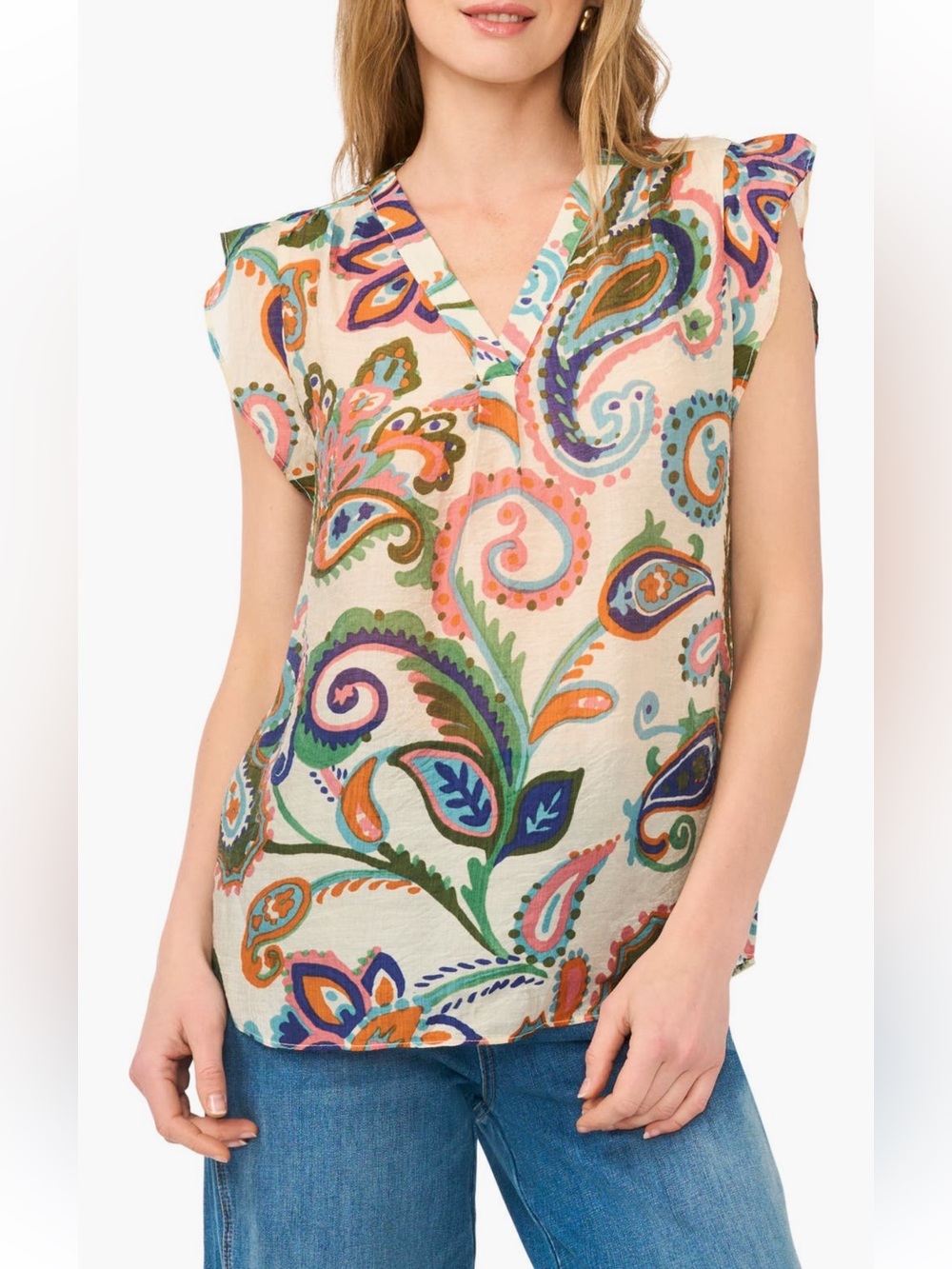 Vince Camuto Paisley Flutter Sleeve Top Taffy Pink Small
